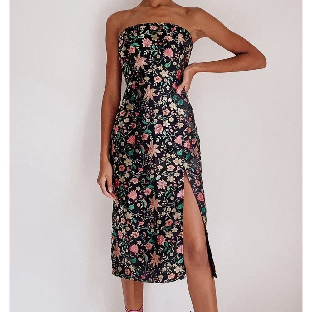 Lulus Make A Move Black Satin Floral Jacquard Midi Dress Size XS Side Slit Party
